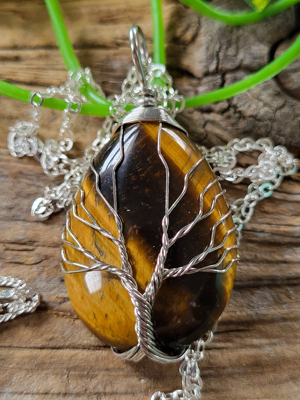 Tiger Eye Wire Wrapped Tree of Life Pendant Necklace
